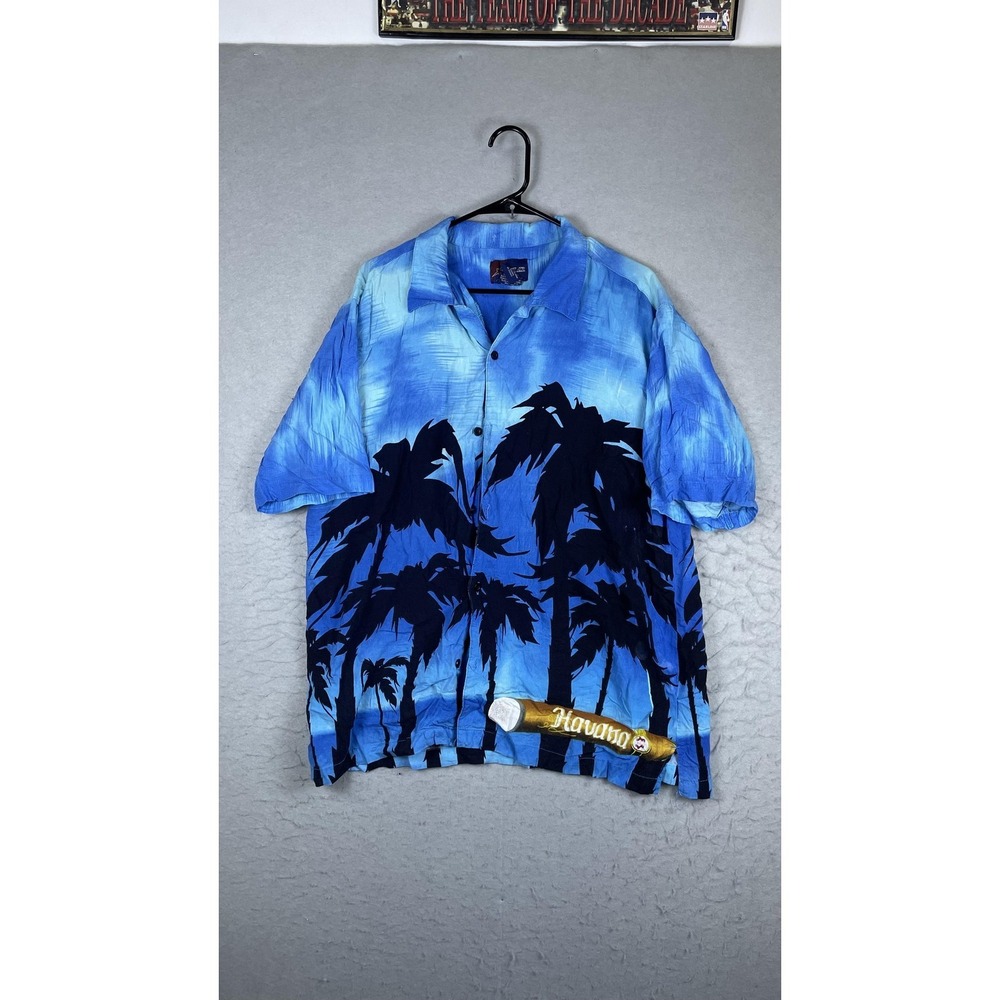 F.A.D. Shirt‎ Mens Large Blue Palm Tree Hawaiian Short Sleeve Button Havana